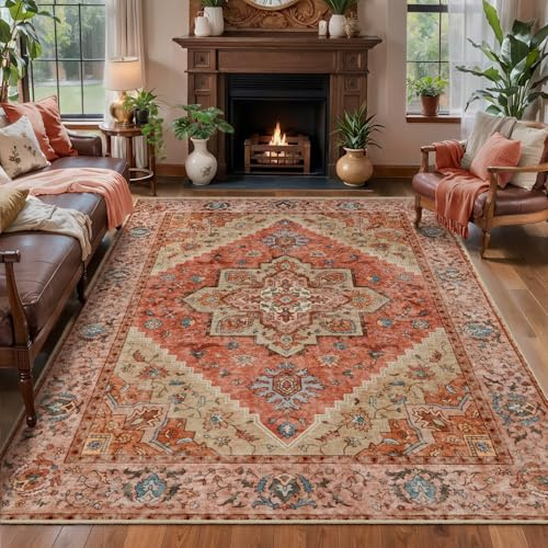 Tangsoo Vintage-Teppich für Wohnzimmer, Terracotta, 4'x6', rutschfest, waschbar, weicher Niederflor-Teppich, faltbarer Bodenteppich für den Innenbereich