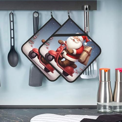 2 presine con tasca Babbo Natale su monopattino, resistenti al calore, in spugna, sottobicchieri, per forno, guanti da forno per cucina, sottopentola per cottura 20 x 20 cm