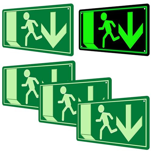 5 Stück Notausgangsschild Nachleuchtend: 30x15 cm Notausgangsschild, Fluchtwegschilder Pfeil Unten, Hochwertiges Aluminium Schild mit Nachleuchtfolie (4 Std) für Rettungsweg,Notausgang,Notbeleuchtung