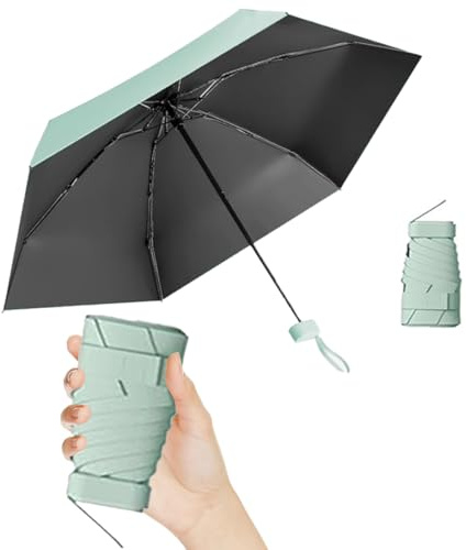 Thryviel Mini Paraguas Plegable, Paraguas Pequeño, Protección Solar UPF 50+ y UV, Sombrilla de Mano Ultra Ligera y Antiviento para Sol y Lluvia, Paraguas de Viaje Compacto (#08 Verde claro)