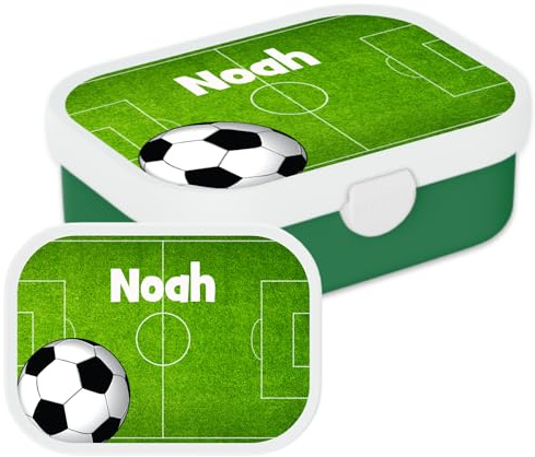 Mepal Campus Lunchbox mit Namen Fußball – 750 ml – Fußballplatz | Personalisierte Bento Brotdose mit Namen für Kinder – Bento-Einsatz & Gabel – Clip-Verschluss – Spülmaschinenfest