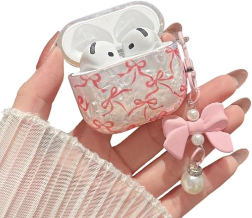 MINSCOSE für Cute Glitter AirPods 4 Hülle, Shell Pattern Bow Ribbon Trendy Design mit Bowknot Pearl Keychain, schützende stoßfeste Hülle für Apple Airpods iPod 4 Generation für Frauen Girl-Pink
