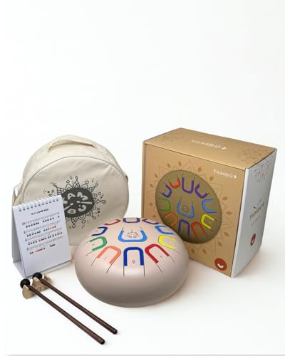 TAMBÚ PLUS. Stahlzungentrommel. 10 Zoll (25 cm). Metallzungentrommel mit 11 Tönen. Handpan Drum, Metallisches Perkussionsinstrument (Creme)