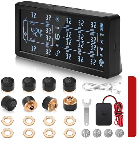 Avutrel 0-188PSI TPMS für 4-6-8 Räder Reifendruckkontrollsystem Solar and USB Aufladen Reifendruckmonitor mit 8 externen Sensoren LCD-Display and Sprachalarm, Passt Auto LKW Anhänger Wohnwagen