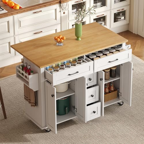 Oslghy Isla De Cocina con Mesa Extensible, Carro con Ruedas, Carrito con 5 Cajones y 2 Puertas, Encimera, Mueble Auxiliar, 120x40-65x89cm (Blanco)
