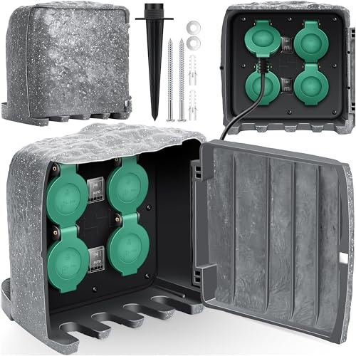 KESSER® Presa da giardino effetto pietra con 4 prese, multipresa esterna con cavo da 3 m, presa esterna IP44, impermeabile in pietra con sensore crepuscolare ON/auto, kit di montaggio, grigio