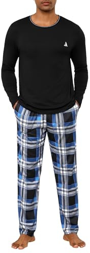 Jahetuul Pyjama Homme Long en Coton Hiver à Col Rond avec Poches | Pantalon à carreaux avec poches pratiques et taille confortable, idéal comme vêtement de nuit homme pour l’hiver.