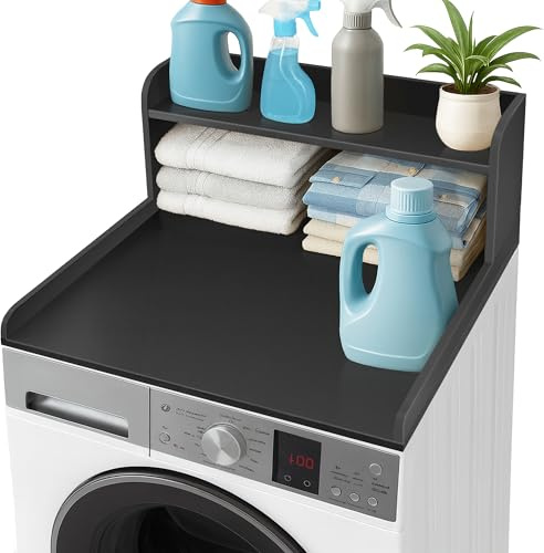 Royxen Washer Dryer Countertop with Shelf, 2-Tier Laundry Countertop for Single Washing Machine and Dryer, Solid Wood Core, Washer Dryer for Laundry Room Organization (Black)