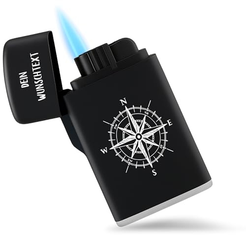 Feuerzeug Sturmfeuerzeug - Kompass Motiv mit Wunschtext personalisiert I Windrose Geschenk Segler I Outdoor Geschenke Reiselust Geschenkidee maritim - 6,5 x 4 cm - Schwarz - gasfeuerzeug Lighter