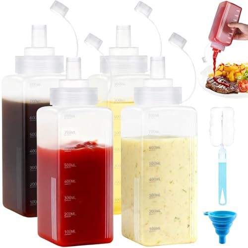 Amentalove 4 Pezzi Bottiglia Squeeze di Plastica 800ML, Bottiglia per Squeeze con Tappi, Bocca Grande,Trasparente Condimento Dispenser con Pennello per Ketchup Senape Mayo Salse Piccanti Olio d'oliva