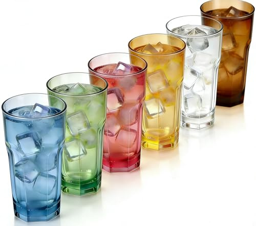 RAONEUS Set of 6 Coloured Plastic Tumblers - Shatterproof Family Drinking Glasses, Dishwasher Safe 405ml Cups for Kids, Parties & Everyday Use (6pcs -405ML)