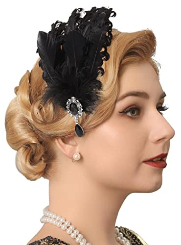 Uhisny 20er Fascinator Flapper Stirnband Schwarz 1920er Gatsby Kopfschmuck Feder Haaraccessoires für Damen