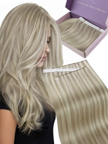 Fshine Long Weft Tape Hair Extensions Human Hair, Remy Seamless Tape in Extensions 18 Inch, Color Dark Ash Blonde with Pale Blonde Highlights 50 G, Perfect for Women Natural Daily Styles