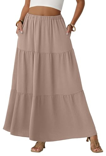 QIXING Womens Boho Maxi Skirts Flowy Elastic High Waisted A-Line Casual Long Skirts with Pockets Beach Holiday