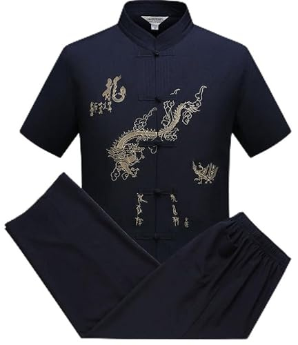 TangoDS Traje Chino Tradicional para Hombre Conjunto de Camisa de Manga Larga/Corta + Pantalones Traje de Kung fu con Bordado de dragón Uniforme de Wushu y taichí Ropa Deportiva