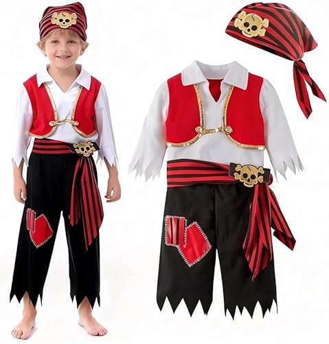 Costume de pirate pour garçon - Accessoire de pirate pour enfant - Costume de carnaval - Jeu de rôle - Tenue de pirate avec haut, pantalon, foulard et ceinture - Pour carnaval, Halloween, fête