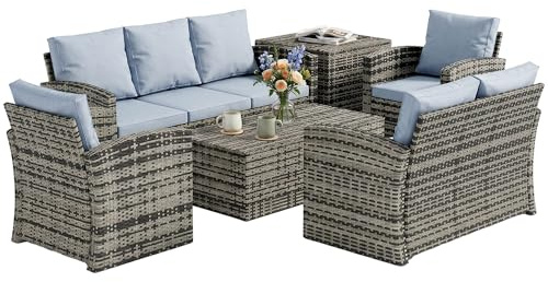 Outsunny Set di Mobili da Giardino in Rattan 6 Pezzi, Salotto da Giardino Esterno 7 Posti con Tavolo da Caffè e Tavolo Laterale Contenitore, 2 Divani, 2 Poltrone, Cuscini Lavabili, in Acciaio, Grigio