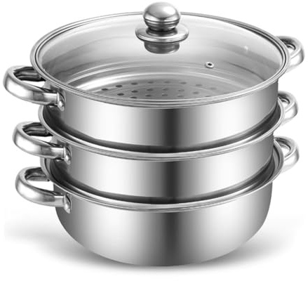 Ångkokare 28 cm, ångkokare med ånginsats – ångkokare i rostfritt stål lämplig för induktion och diskmaskin – 3/4-vånings-set med glaslock – för grönsaker, potatis, barnmat och mer (3)