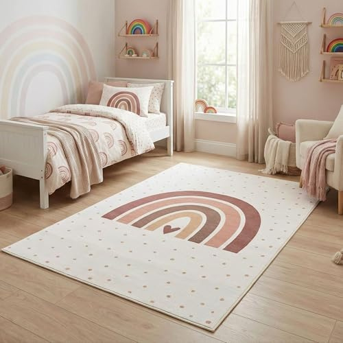 Carpetsale24 Kinderteppich Regenbogen Spielteppich für Kinderzimmer in Creme mit Herz Motiv Größe 80x150 cm ideal für kleine Spielbereiche