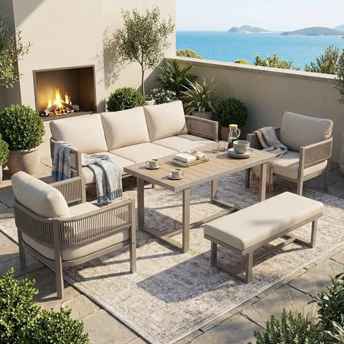 Yrxin Gartenlounge-Set, Gartenmöbel-Set mit bequemen Kissen, 3-Sitzer-Sofa, 2 Sessel, Eine Bank und einen Esstisch, Tischplatte aus WPC, PE-Geflechtseil, Gestell aus verzinktem Eisen, Beige