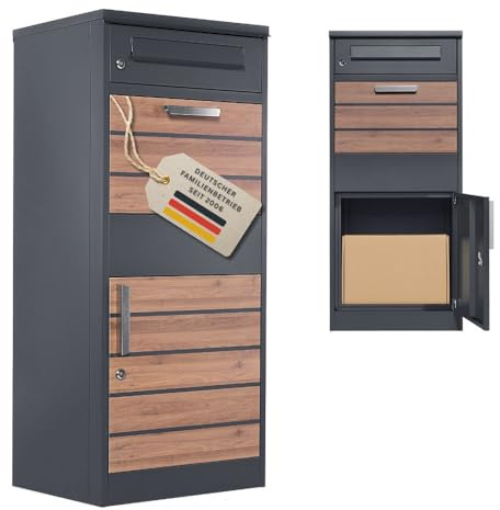 RS Trade Paketbriefkasten XXL mit Paketfach – Freistehende Paketbox für draußen, Abschließbarer Briefkasten für Pakete & Post, 2 Schlüssel pro Schloss, Standbriefkasten Outdoor, Anthrazit Holzoptik