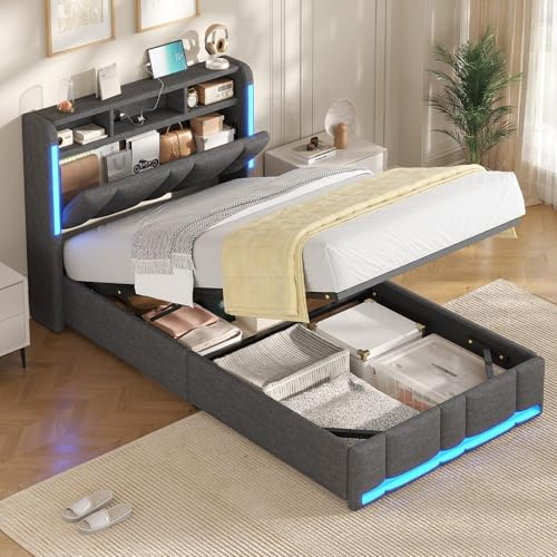 AOGLLATI 3ft Single Bed Frame with Hydraulic Storage, Charging Station & LED Lights, Single Ottoman Bed with Storage Headboard, Sturdy Wood Slats,Ottoman Storage Bed,Dark gray Linen (Single-135x190cm)