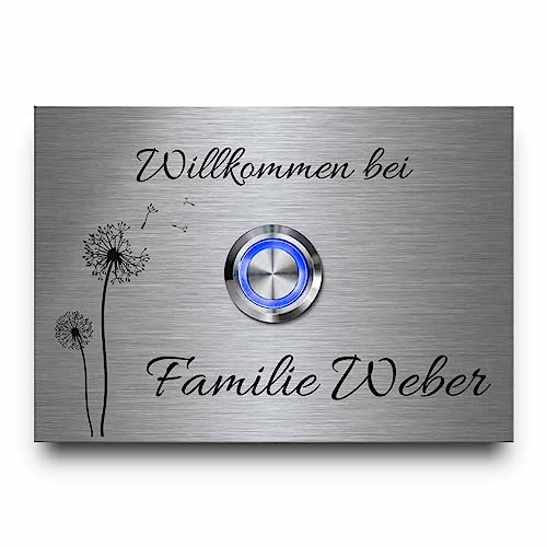Türklingel Edelstahl - Klingel mit Namen und Gravur Text ab 10x7 cm - Modell Weber | Klingelplatte mit beleuchtetem Klingelknopf und vielen schönen Motiven