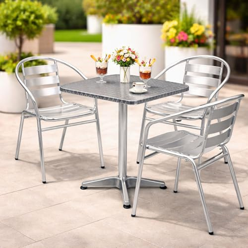 Mojawo® Bistrogarnitur 4-teilig Bistrotisch Aluminium eckig 60x60cm H70cm / 110 cm höhenverstellbar + 3 Stapelstühle Aluminium