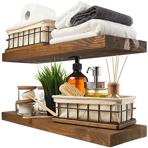 BAOBAB WORKSHOP Wood Floating Shelves, Bathroom Shelf 24 inch, Walnut Floating Shelf for Wall Mounted, Solid Wooden Wall Shelves for Bedroom Kitchen, Walnut Finish, 24 x 6.7, Set of 2