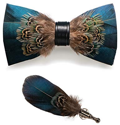 JEMYGINS Herren (verstellbar) Feder und Leder, Fliege, handgefertigt in verschiedenen Farben + Schachteln aus dominiertem Holz, Hellblau & Braun