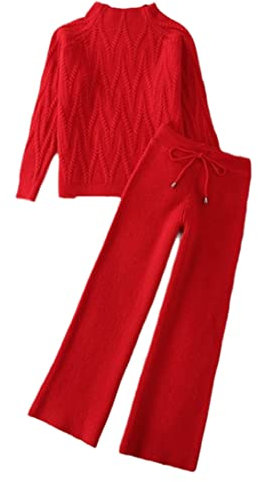 Winter-Strick-2-teiliges Set für Damen, dick, warm, lässig, Pullover + weites Bein, Trainingsanzüge, rot, 38