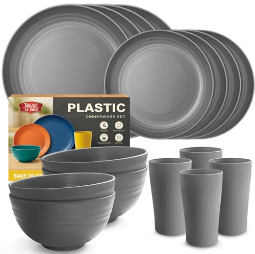 Teivio 16-Piece Kitchen Plastic Dinner Set, Service for 4, Dinner Plates, Dessert Plates, Cereal Bowls, Cups, Unbreakable Plastic Plates and Bowls Set, Outdoor Camping Dishes, Grey