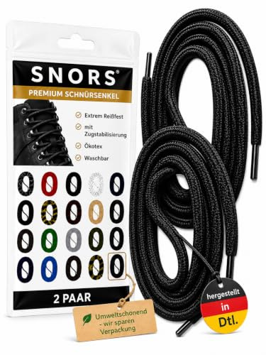 SNORS 2 par skosnören, runda, 21 färger, 75–200 cm, Ø 5 mm, säkerhet, för arbetsskor och vandringsskor, slitstarka, tvättbara, robusta, skoband, svart, 105cm / Ø 5mm