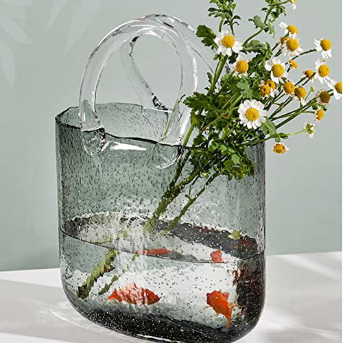 Glas Handtasche Vase Klare Geldbörsenvase Kreative Handtasche Blumenvase Moderne Dekorative Vase Einzigartige Taschen Vase für Langstielige Blumen, Potpourri, Kleine Fische & Süßigkeiten (Gray)