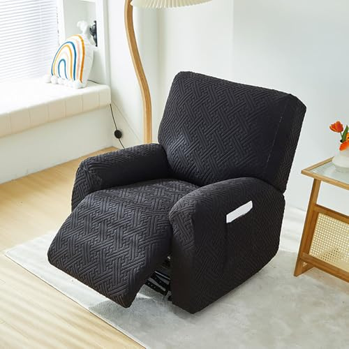 Chickwin Sesselschoner für Relaxsessel, 1 Sitz Fernsehsessel Bezug mit Taschen Sesselschoner für Fernsehsessel Gebürsteter Jacquard, Stretch Sesselschoner mit Armlehne (Schwarz)