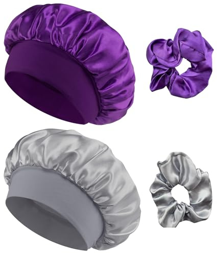 Loomify Satin Schlafhaube,2 Stück Seidenhaube Verstellbar Haarhaube Seide mit 2 Stück Satin Haargummis,Nacht Schlaf Haube Damen Mädchen Atmungsaktive Schlafkappe (Lila,Grau)