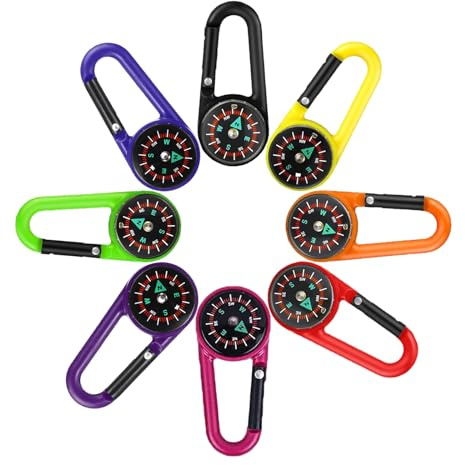 8 Stück Kompass Schlüsselanhänger, Wanderkompass, Schlüsselanhänger Kinder | Mini Survival Compass Kleine, Kompass Karabiner, für Ferienlager Outdoor Camping Wanderung Zubehör (Mehrfarbig)