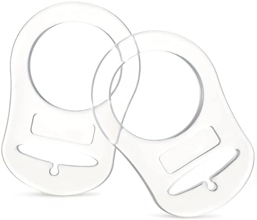Silicone Dummy Clip Adapters, 2 Pack Clear Rings for Button-Style Soothers | 2 transparent silicone adapters for connecting compatible button-style dummies to a separate holder strap. Adapters only.
