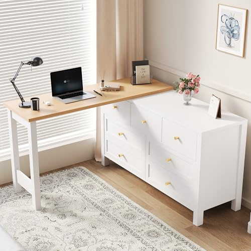Kebnor Escritorio 2 en 1 con 7 cajones, banco de trabajo giratorio y aparador, efecto roble, con superficie giratoria de 360 grados en color blanco y natural, escritorio de tocador, escritorio