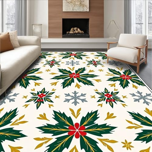 Flatwoven High Traffic Area Rug 8x10, Festive Holly Wreath Punch Needle Embroidery Kit with Snowflake Motifs, Non Slip, Stain Resistant, Washable Area Rugs for Living Room, Bedroom (Green, 8x10)