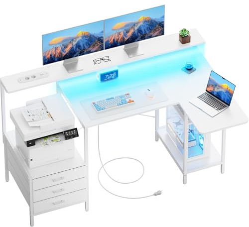 SOLAVERO Scrivania Angolare con Piano Pieghevole, 140cm Scrivania Gaming a l con Prese & USB-C, Tavolo Computer con Cassetti in Tessuto, Tavolo Ufficio con Supporto per Monitor, Bianco