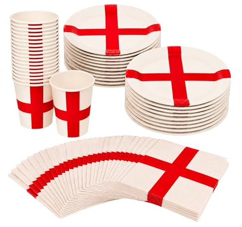 65Pcs Set England Party Tableware Set for FIFA 2026 World Cup Football Parties – 20 Paper Cups 9oz, 20 Paper Plates 23cm and 25 St George Paper Napkins 33cm for Pub Events and Street Celebrations