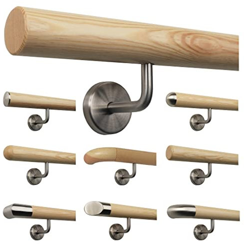 TIBU Kiefer Handlauf Treppen Geländer Handläufer 30-500 cm aus einem Stück mit Edelstahl Handlaufhalter, Länge 50 cm mit 2 Halter mit Ende gefast