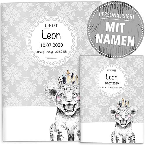 OLGS U-Heft und Impfpasshüllen Set | Black & White Löwe | Hochwertige Hüllen für den Untersuchungsheft und Impfpass | Babygeschenk personalisierbar mit Namen (U-Heft Hüllen Set personalisiert)