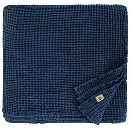 Linen & Cotton Plaid Decke Sommer Tagesdecke Waffelpique Enzo - 48% Leinen, 52% Baumwolle, Dunkelblau (210 x 250 cm) Blanket Überwurf Bett Doppelbett Überwurfdecke Bettüberwurf Bettbezug Bettwäsche