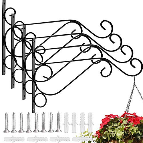 EMAGEREN 4 Pcs Suspension Crochet en Fer Forgé Support Mural avec Vis - Accroche Plante 26 * 21 * 1.5cm Rétro pour Jardin Balcon Lanterne Déco - Noir