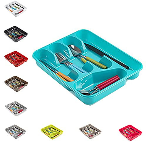 PLASTIFIC Large CUTLERY TRAY Flatware Organiser Strong Plastic Drawer Sliding Tidy Rack Holder Drawer Insert Tidy Storage, 33.5 x 26.5 x 4.5 cm - Solid Base, Turquoise