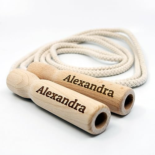 Verstellbares Springseil mit Gravur für Kinder & Erwachsene - Personalisiert mit Name oder Spruch - 2,5 m Länge mit Holz-Griff - Individuelles Spielzeug zum Seilspringen aus Holz