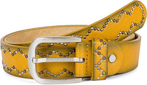 styleBREAKER Damen Nietengürtel Unifarben mit kleinen Nieten in Zacken Muster, Gürtel, Synthetikgürtel, kürzbar 03010114, Farbe:Senf, Größe:100cm