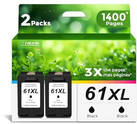 Ankink 61XL Black Ink Cartridge Replacement for HP 61 XL HP61 HP61XL (2 Pack) Work with Envy 5530 4500 2540 4630 4501 4502 4635 3050 2542 2541 3510 3512 5535 2514 1000 1010 1510 Printer High Yield